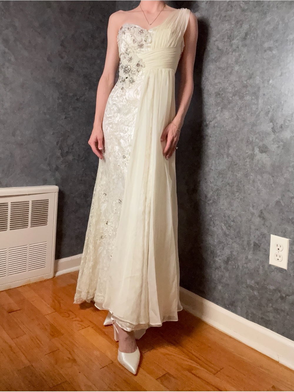 Vintage 90s May Queen Ivory Beaded One Shoulder Wedding Dress Goddess Gown 0